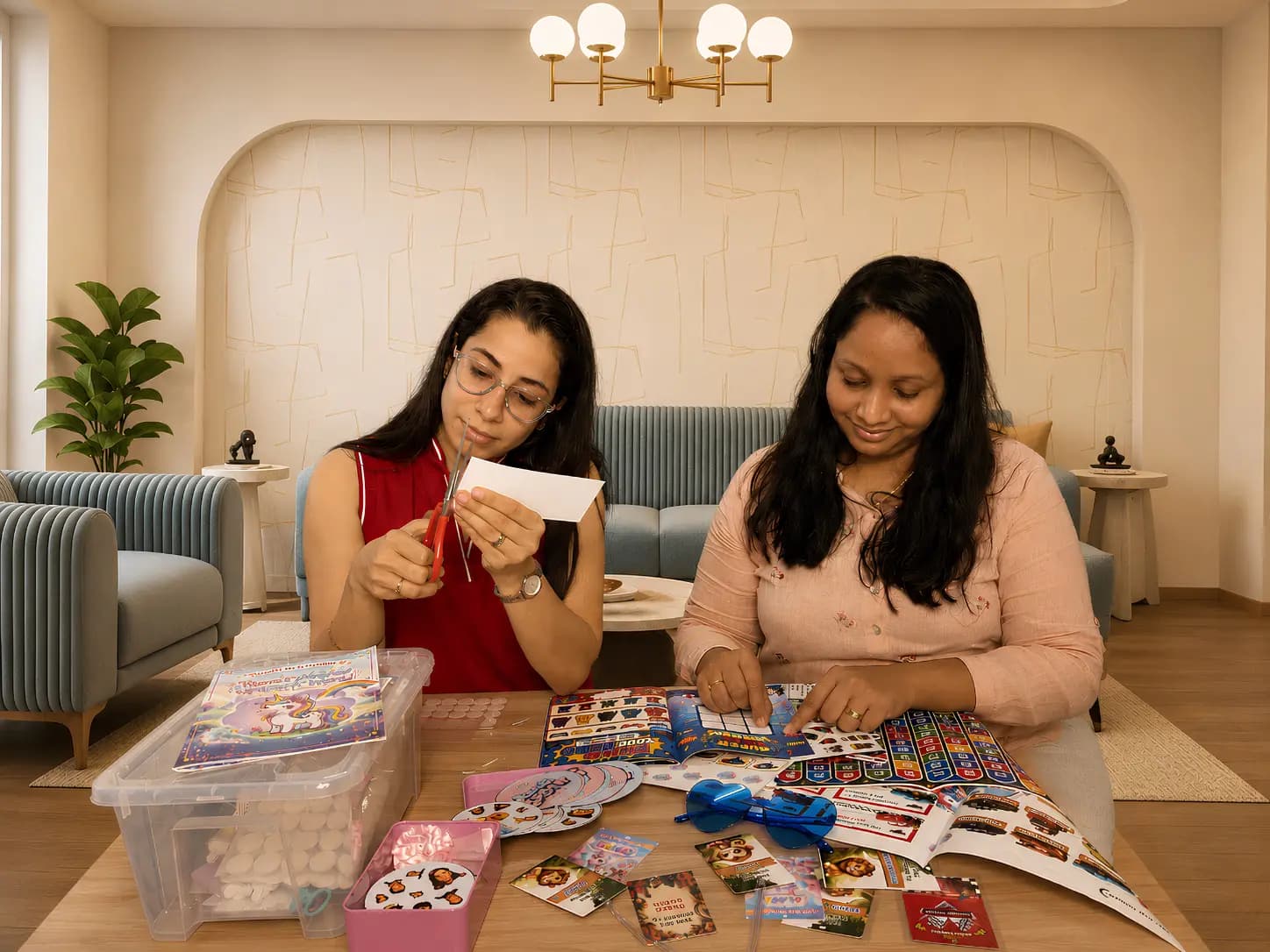 Mothers packing stickers